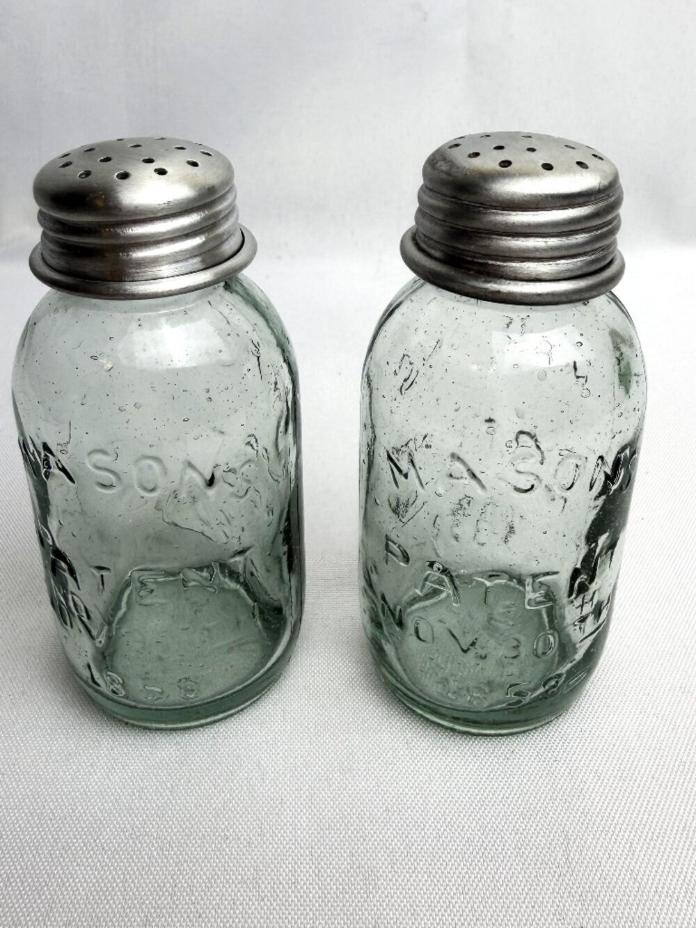 Masons Jar Green Glass Salt & Pepper Shakers Replica Pat Nov 30th 1858 Farmhouse